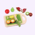 مجموعة من 5 فواكه خشبية للعب مع سكين تقطيع وصينية